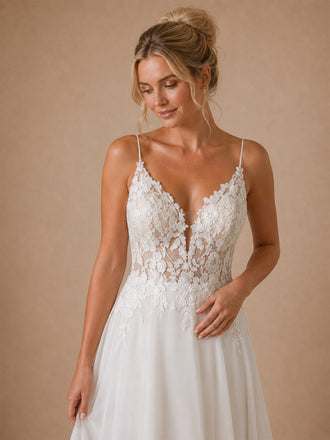 ChicSew Unique Spaghetti Straps A-Line Lace Tulle Maxi Wedding Dresses With Long Train