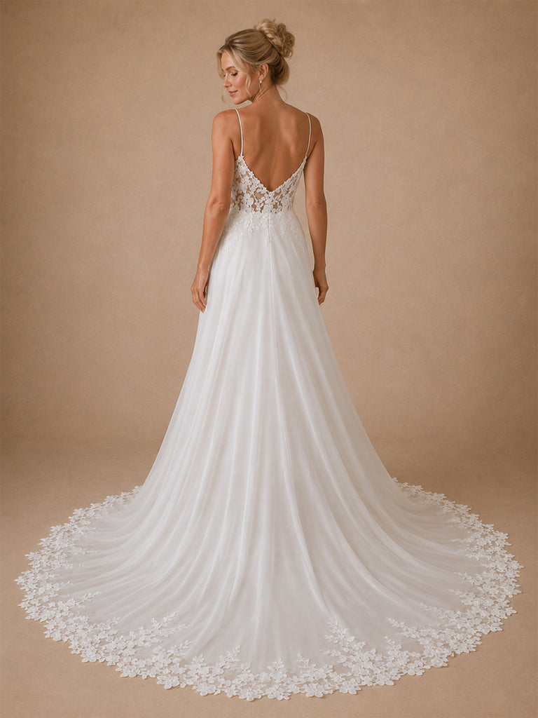 ChicSew Unique Spaghetti Straps A-Line Lace Tulle Maxi Wedding Dresses With Long Train