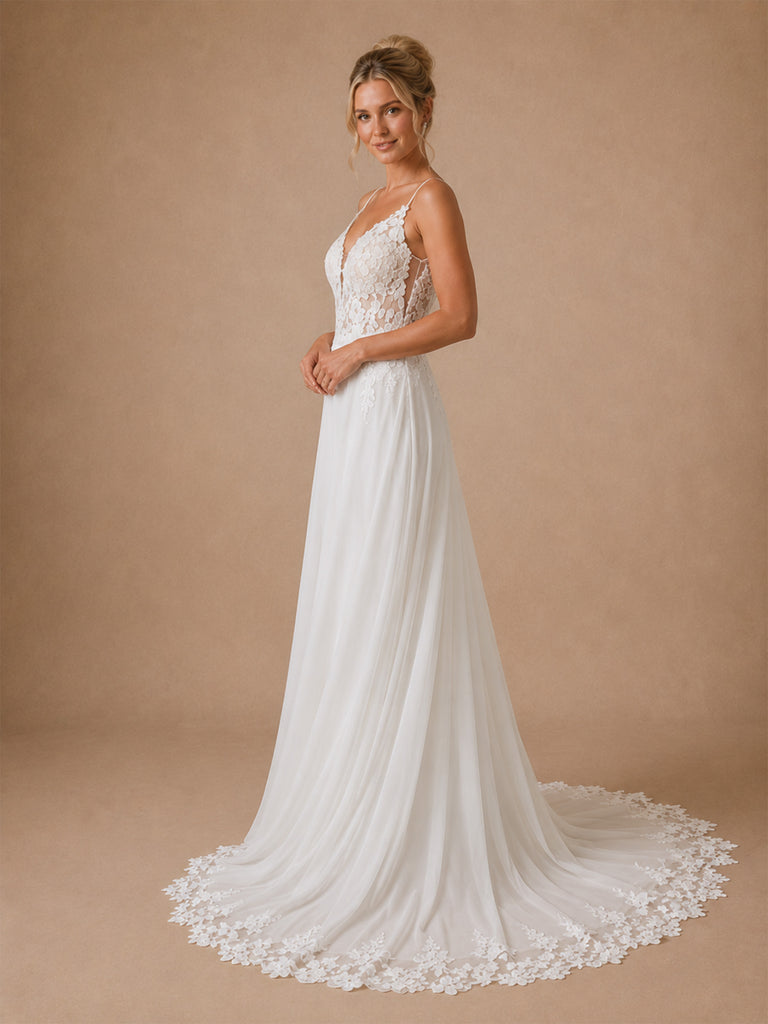 ChicSew Unique Spaghetti Straps A-Line Lace Tulle Maxi Wedding Dresses With Long Train