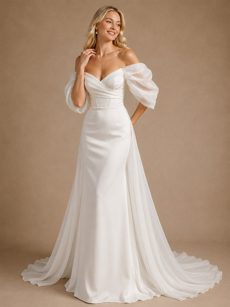 ChicSew Classy Elegant Off The Shoulder Mermaid Floor-Length Satin Wedding Dress With Flowy Tulle Train