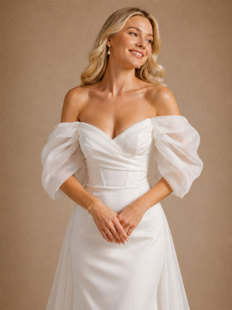 ChicSew Classy Elegant Off The Shoulder Mermaid Floor-Length Satin Wedding Dress With Flowy Tulle Train