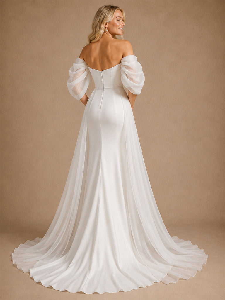 ChicSew Classy Elegant Off The Shoulder Mermaid Floor-Length Satin Wedding Dress With Flowy Tulle Train