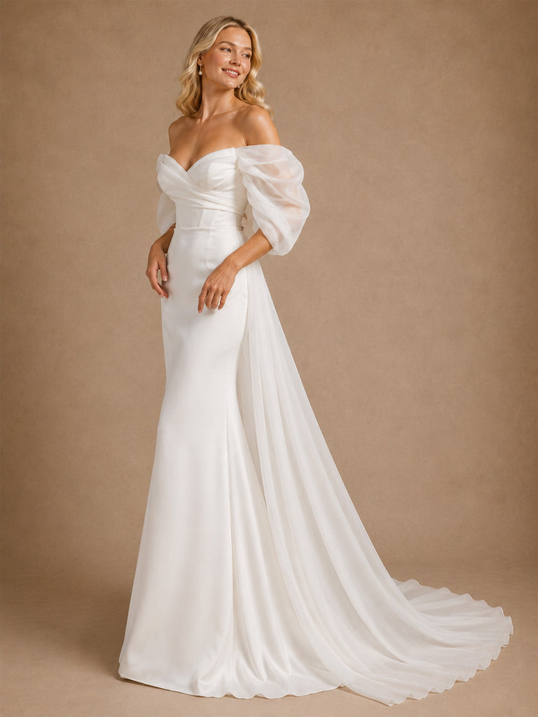 ChicSew Classy Elegant Off The Shoulder Mermaid Floor-Length Satin Wedding Dress With Flowy Tulle Train