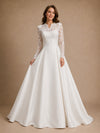 ChicSew Classy Lace Applique High Neck Long Sleeves A-Line Floor-Length Satin Wedding Dress