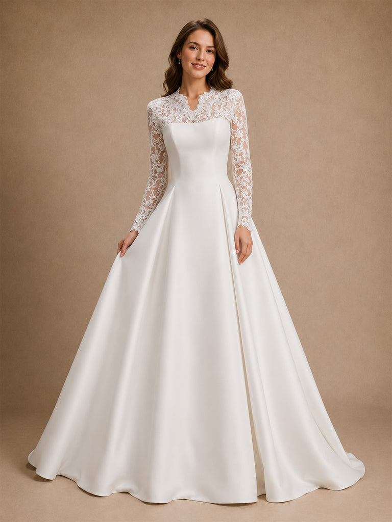ChicSew Classy Lace Applique High Neck Long Sleeves A-Line Floor-Length Satin Wedding Dress
