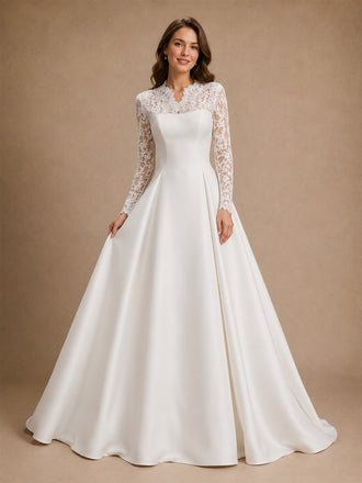 ChicSew Classy Lace Applique High Neck Long Sleeves A-Line Floor-Length Satin Wedding Dress