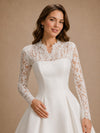 ChicSew Classy Lace Applique High Neck Long Sleeves A-Line Floor-Length Satin Wedding Dress