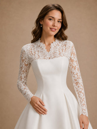 ChicSew Classy Lace Applique High Neck Long Sleeves A-Line Floor-Length Satin Wedding Dress