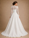 ChicSew Classy Lace Applique High Neck Long Sleeves A-Line Floor-Length Satin Wedding Dress