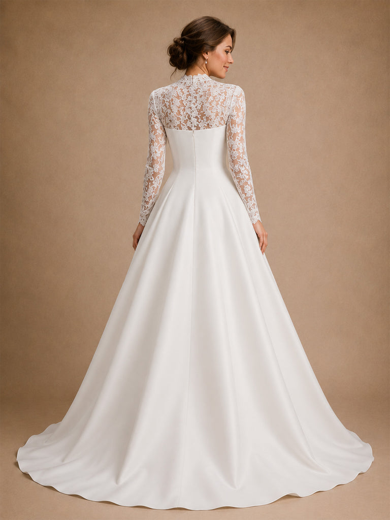 ChicSew Classy Lace Applique High Neck Long Sleeves A-Line Floor-Length Satin Wedding Dress