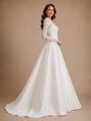 ChicSew Classy Lace Applique High Neck Long Sleeves A-Line Floor-Length Satin Wedding Dress