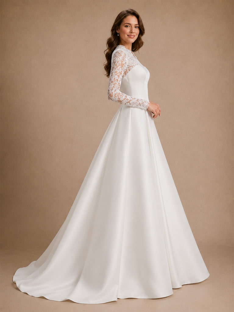 ChicSew Classy Lace Applique High Neck Long Sleeves A-Line Floor-Length Satin Wedding Dress