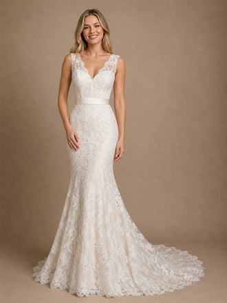 ChicSew Elegant Mermaid V-Neck Sleeveless Lace Tulle Maxi Wedding Dresses With Satin Belt