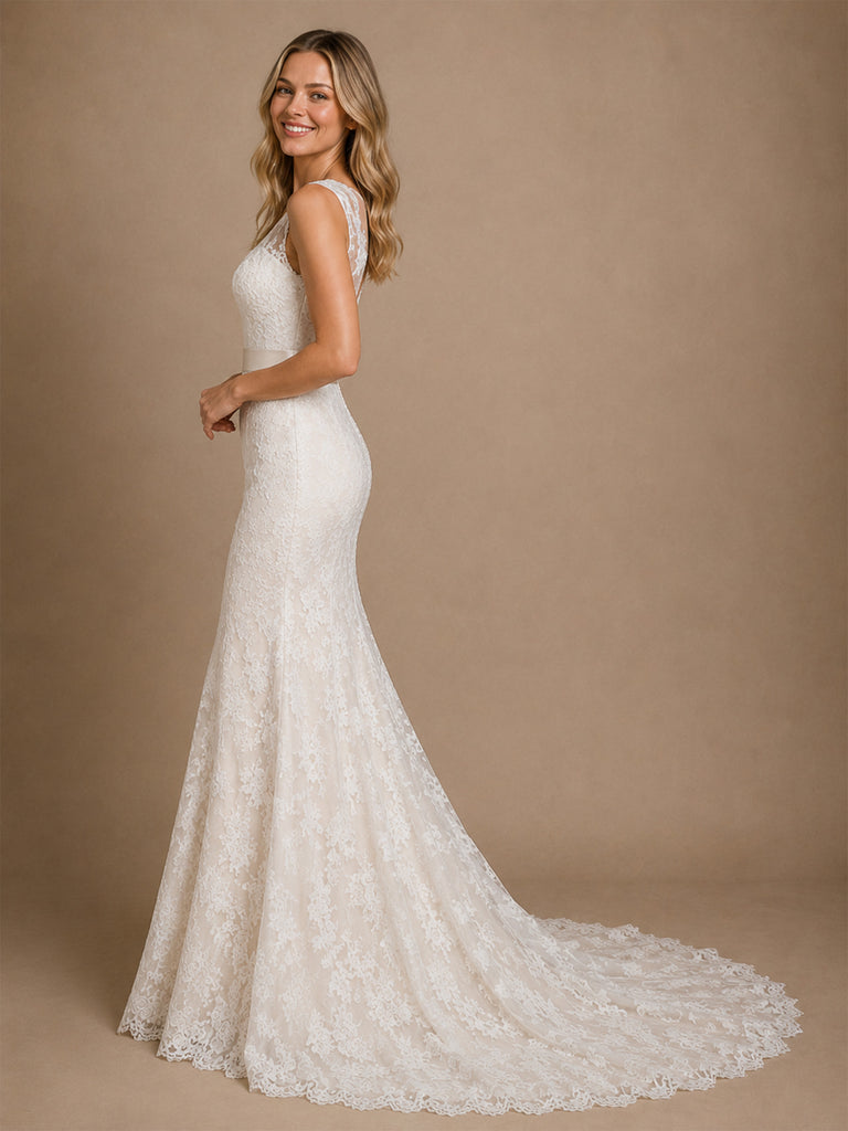 ChicSew Elegant Mermaid V-Neck Sleeveless Lace Tulle Maxi Wedding Dresses With Satin Belt