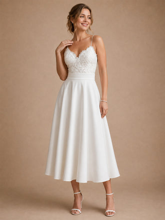 ChicSew Sexy Spaghetti Straps Lace A-Line Crepe Midi Wedding Dress