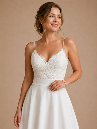 ChicSew Sexy Spaghetti Straps Lace A-Line Crepe Midi Wedding Dress