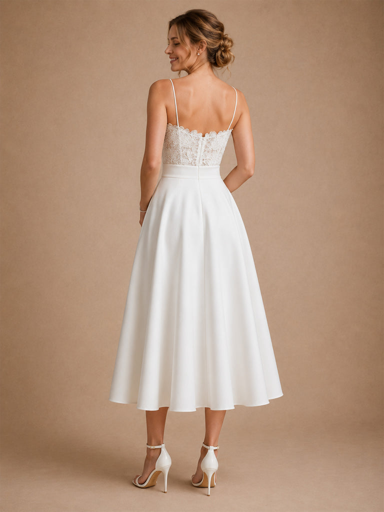 ChicSew Sexy Spaghetti Straps Lace A-Line Crepe Midi Wedding Dress