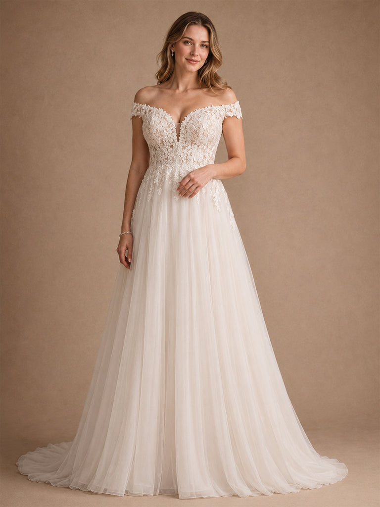 ChicSew Beautiful Off The Shoulder A-Line Lace Tulle Maxi Long Wedding Dresses