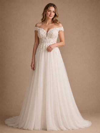 ChicSew Beautiful Off The Shoulder A-Line Lace Tulle Maxi Long Wedding Dresses