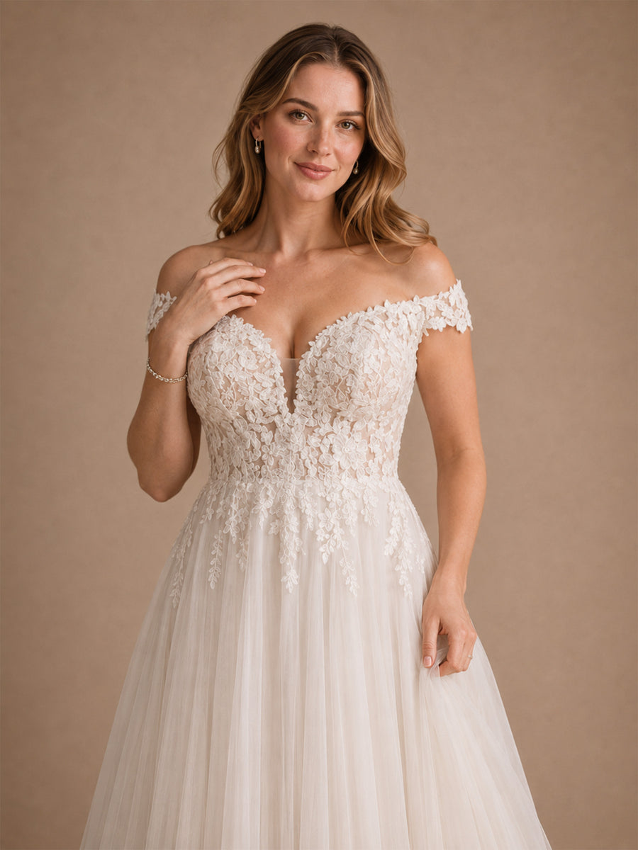 ChicSew Beautiful Off The Shoulder A-Line Lace Tulle Maxi Long Wedding Dresses