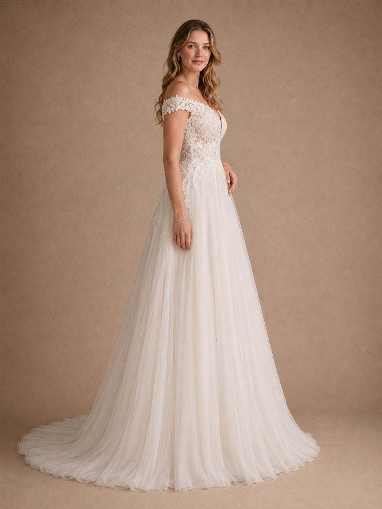 ChicSew Beautiful Off The Shoulder A-Line Lace Tulle Maxi Long Wedding Dresses