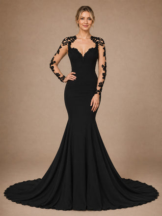 ChicSew Unique V-Neck Lace Long Sleeves Mermaid Crepe Maxi Wedding Dresses