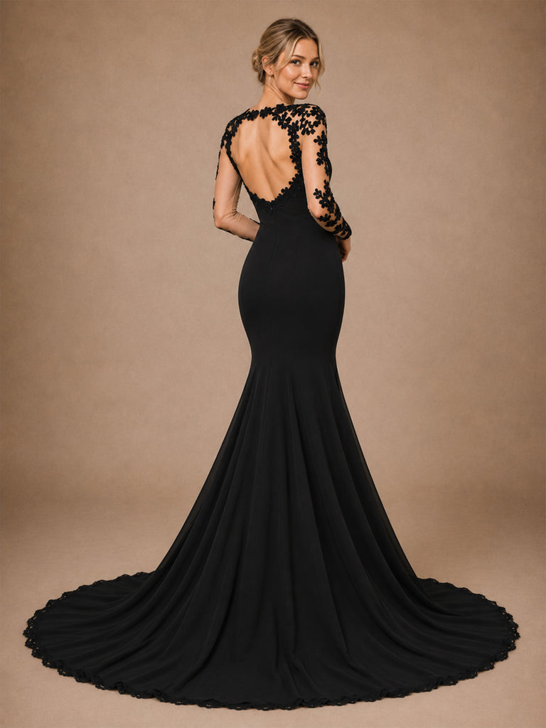 ChicSew Unique V-Neck Lace Long Sleeves Mermaid Crepe Maxi Wedding Dresses
