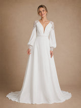 Modern Unique Deep V-Neck A-Line Floor-Length Long Puff Sleeves Crepe Bridal Gown With Lace Shoulder