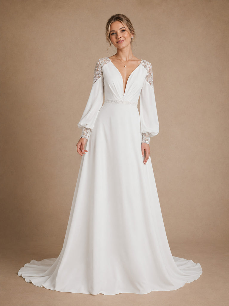 Modern Unique Deep V-Neck A-Line Floor-Length Long Puff Sleeves Crepe Bridal Gown With Lace Shoulder
