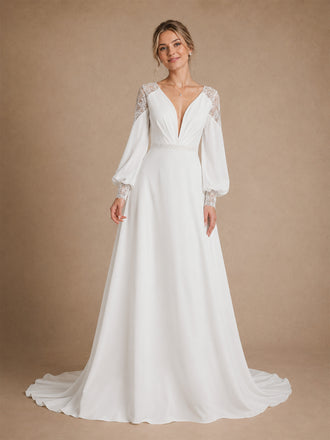 Modern Unique Deep V-Neck A-Line Floor-Length Long Puff Sleeves Crepe Bridal Gown With Lace Shoulder