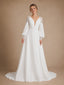 Modern Unique Deep V-Neck A-Line Floor-Length Long Puff Sleeves Crepe Bridal Gown With Lace Shoulder