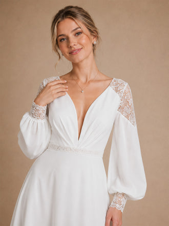 Modern Unique Deep V-Neck A-Line Floor-Length Long Puff Sleeves Crepe Bridal Gown With Lace Shoulder