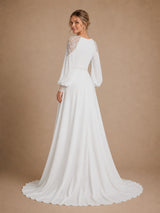 Modern Unique Deep V-Neck A-Line Floor-Length Long Puff Sleeves Crepe Bridal Gown With Lace Shoulder