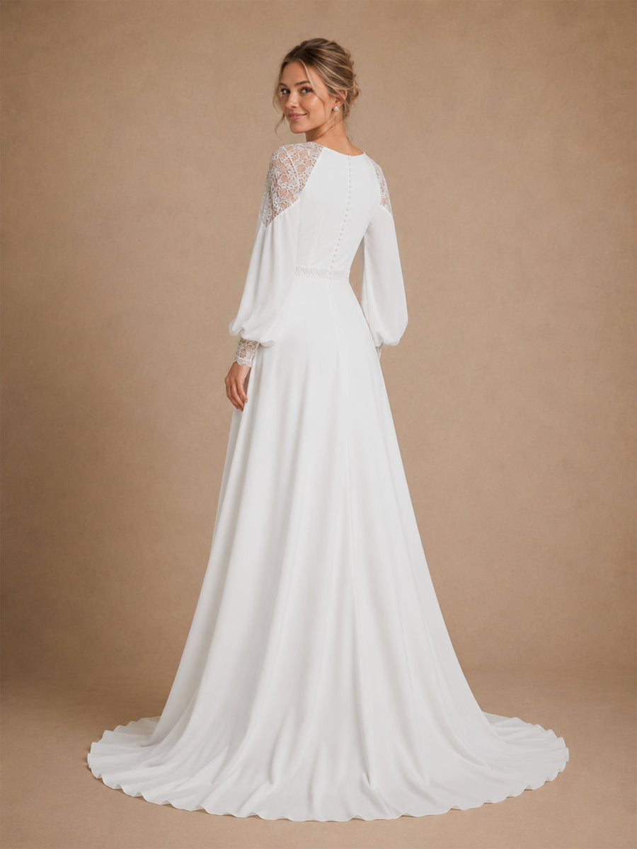 Modern Unique Deep V-Neck A-Line Floor-Length Long Puff Sleeves Crepe Bridal Gown With Lace Shoulder