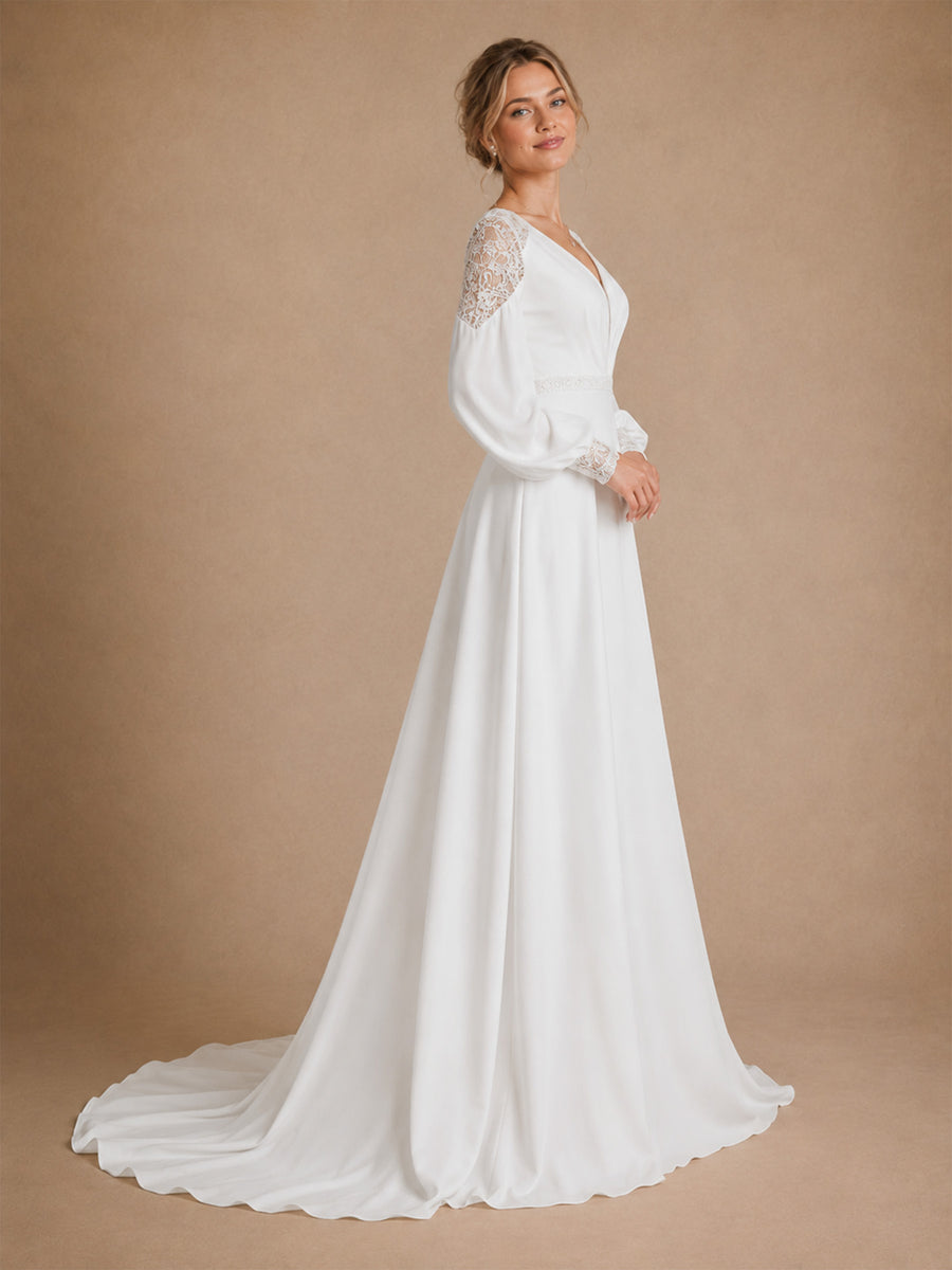 Modern Unique Deep V-Neck A-Line Floor-Length Long Puff Sleeves Crepe Bridal Gown With Lace Shoulder