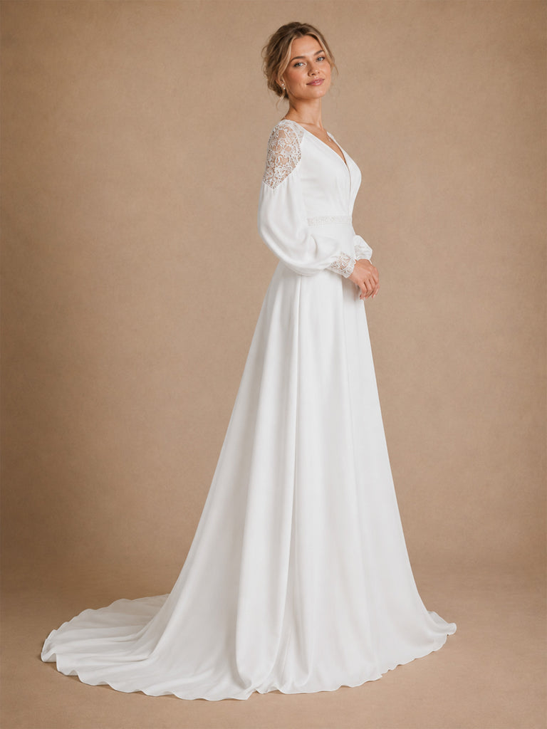 Modern Unique Deep V-Neck A-Line Floor-Length Long Puff Sleeves Crepe Bridal Gown With Lace Shoulder