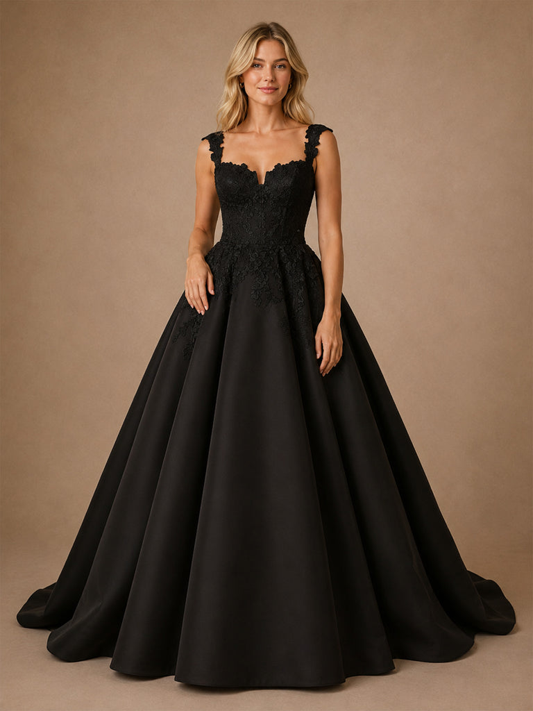 ChicSew Classy V-Neck A-Line Satin Maxi Long Wedding Dress With Lace Applique