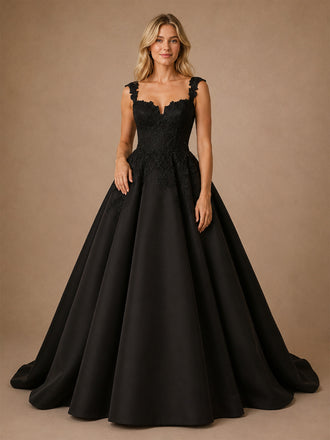 ChicSew Classy V-Neck A-Line Satin Maxi Long Wedding Dress With Lace Applique