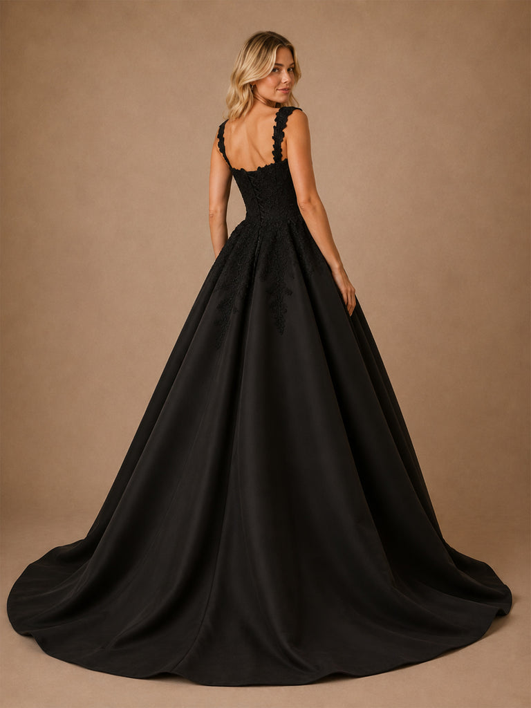 ChicSew Classy V-Neck A-Line Satin Maxi Long Wedding Dress With Lace Applique