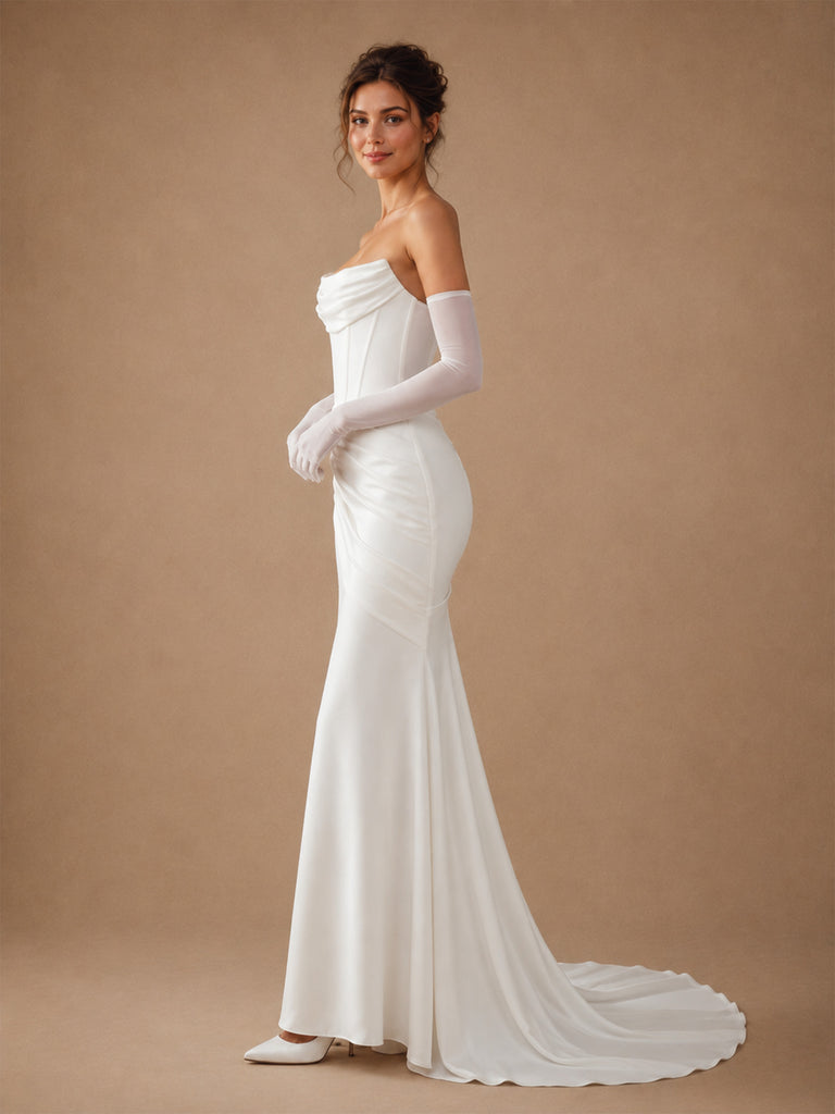 ChicSew Elegant Strapless Mermaid Crepe Boning Ruched Maxi Long Wedding Dress