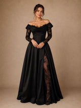 ChicSew Unique A-Line Off The Shoulder Floor-Length Side Slit Satin Wedding Dress With Long Floral Lace Sleeves