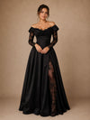 ChicSew Unique A-Line Off The Shoulder Floor-Length Side Slit Satin Wedding Dress With Long Floral Lace Sleeves