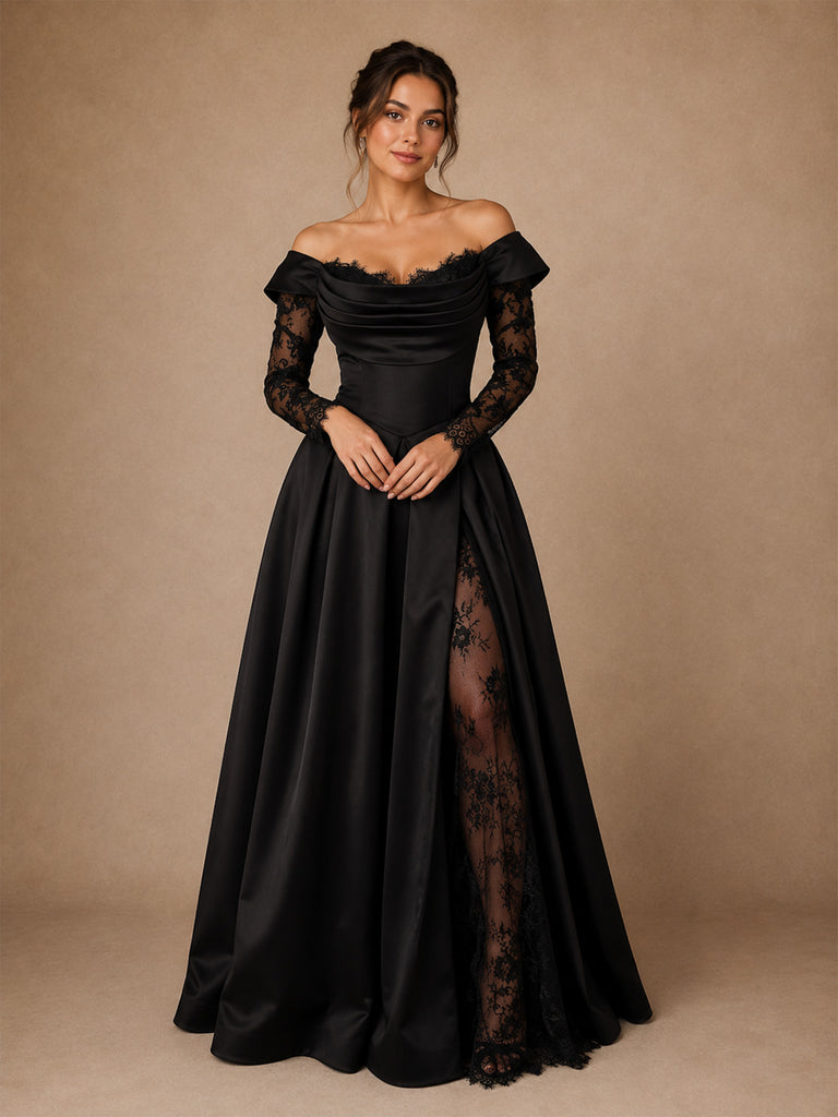ChicSew Unique A-Line Off The Shoulder Floor-Length Side Slit Satin Wedding Dress With Long Floral Lace Sleeves