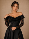 ChicSew Unique A-Line Off The Shoulder Floor-Length Side Slit Satin Wedding Dress With Long Floral Lace Sleeves