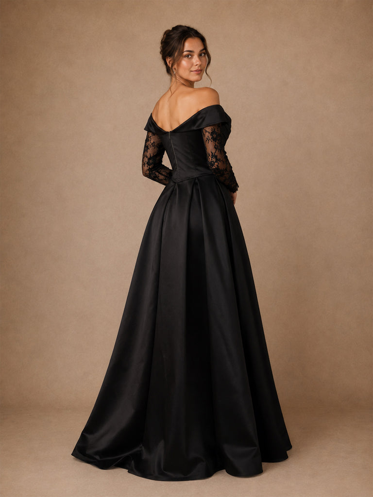 ChicSew Unique A-Line Off The Shoulder Floor-Length Side Slit Satin Wedding Dress With Long Floral Lace Sleeves