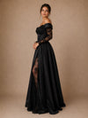 ChicSew Unique A-Line Off The Shoulder Floor-Length Side Slit Satin Wedding Dress With Long Floral Lace Sleeves