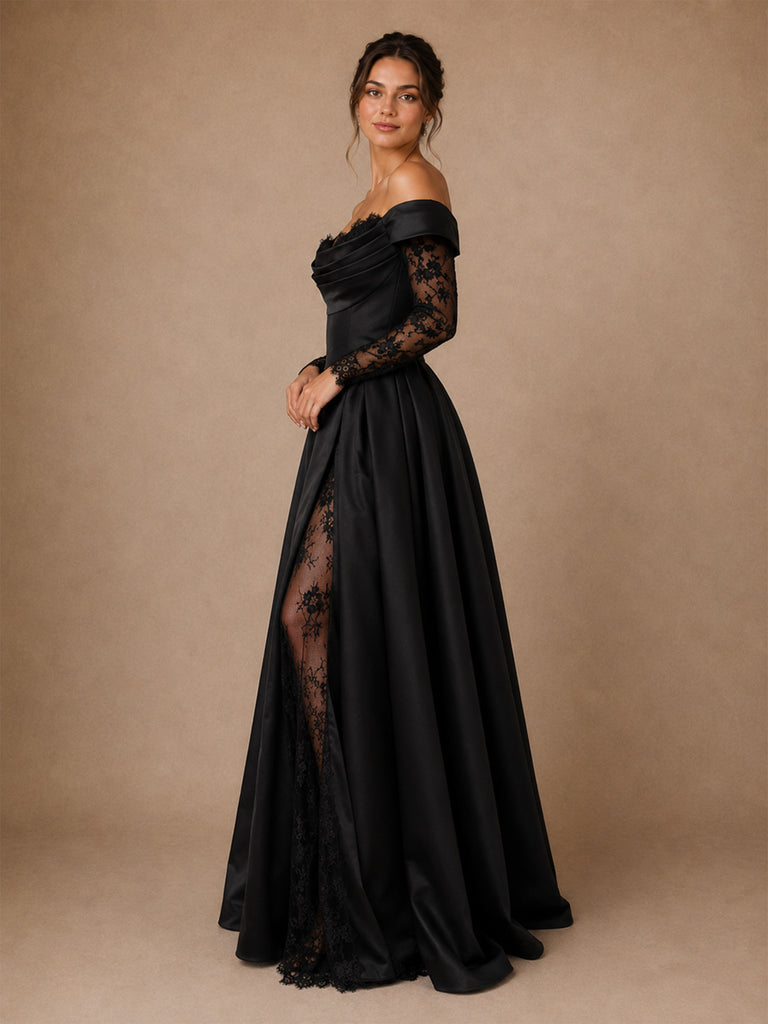 ChicSew Unique A-Line Off The Shoulder Floor-Length Side Slit Satin Wedding Dress With Long Floral Lace Sleeves