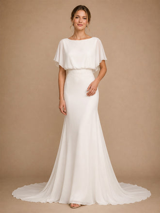 ChicSew Elegant Boat Neck Mermaid Flutter Sleeves Floor-Length Chiffon Wedding Dresses With Lace