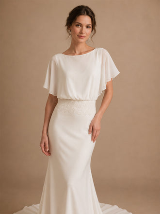 ChicSew Elegant Boat Neck Mermaid Flutter Sleeves Floor-Length Chiffon Wedding Dresses With Lace