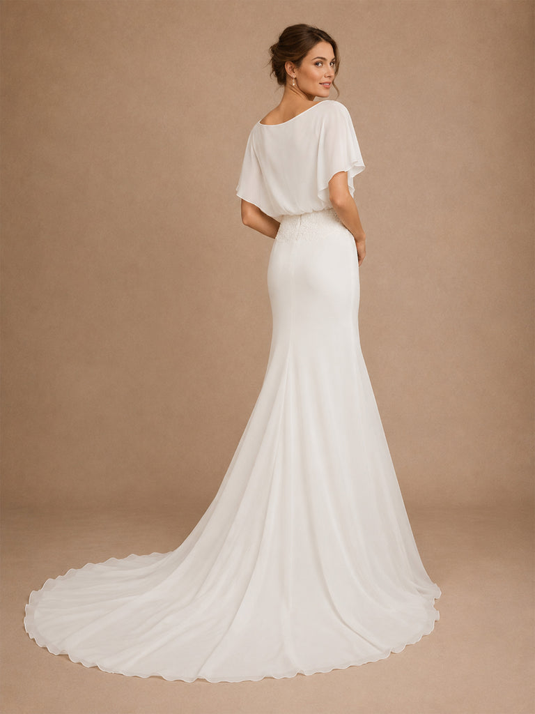 ChicSew Elegant Boat Neck Mermaid Flutter Sleeves Floor-Length Chiffon Wedding Dresses With Lace